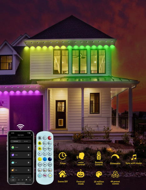 Permanent Outdoor Lights Pro,120ft Smart RGB+IC Outside Lights with 80 LEDs, IP65 Waterproof Eaves Lights for Christmas All Holiday Decorations, Work with Alexa, Google