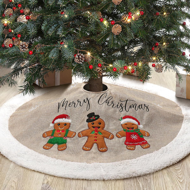 Christmas Tree Skirt, Burlap with Merry Christmas & Gingerbread Man Gingerman Applique, for Xmas Holiday Party Decorations Home Decor