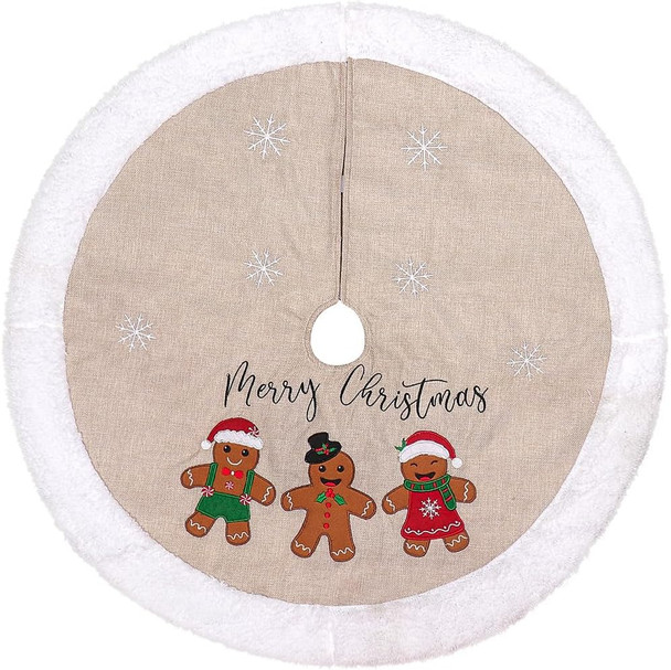 Christmas Tree Skirt, Burlap with Merry Christmas & Gingerbread Man Gingerman Applique, for Xmas Holiday Party Decorations Home Decor