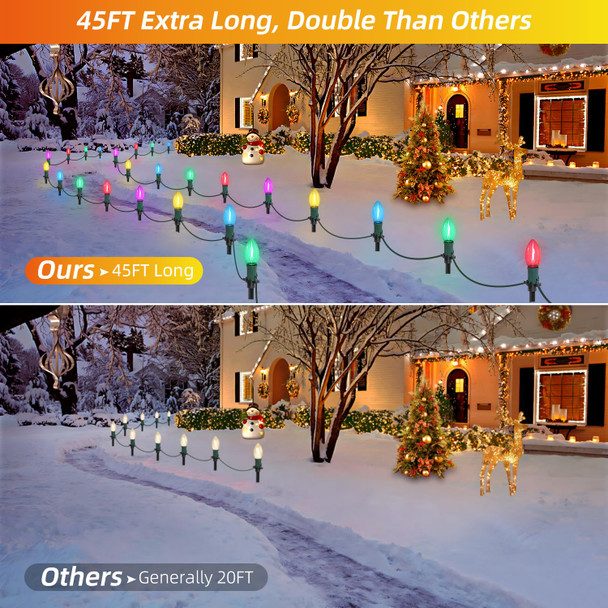 45Ft C9 Led Christmas Pathway Lights Outdoor, 30 Multicolor Bulbs Waterproof Connectable Christmas Walkway Lights with Stakes for Yard Lawn Sidewalk Driveway Christmas Decorations