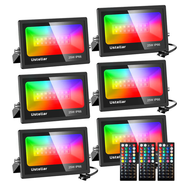 Ustellar 6 Pack 25W LED Flood Light 250W Equivalent Color Changing RGB Floodlight Indoor Outdoor Spotlight Warm White 2700K Remote IP66 Waterproof Uplighting Event Wedding Christmas Party Strobe Stage Ustellar 6 Pack 25W LED Flood Light 250W Equivalent Color Changing RGB Floodlight Indoor Outdoor Spotlight Warm White 2700K Remote IP66 Waterproof Uplighting Event Wedding Christmas Party Strobe Stage