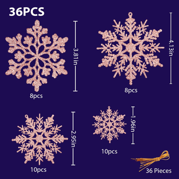 Christmas Tree Decoration Snowflake Ornaments - 36pcs Rose Gold Glitter Hanging Christmas Snowflake Ornaments for Winter Wonderland Holiday Year Christmas Tree