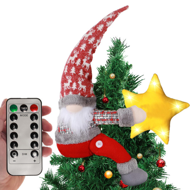 Christmas Tree Topper Gnome Decorations with Lights,21.7 Inches Handmade Embrace Christmas Tree Gnome with Lighted Star，Christmas Home Decor Curtain Tie Wine Bottle Decoration (Red Hat)