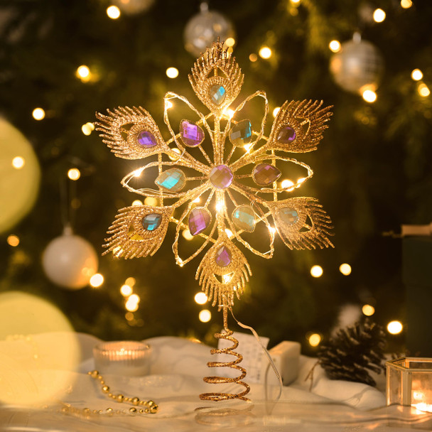 Valery Madelyn Lighted Christmas Tree Topper Star with Timer for Tree Decorations, 13 Inch Copper Gold Metal Star Tree Topper Snowflake Peacock Feather Jewel with Lights for Home Party Indoor