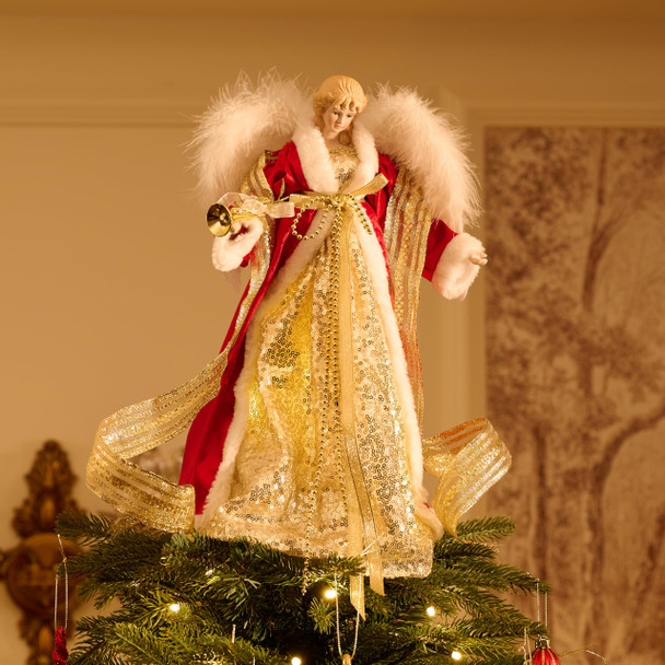Valery Madelyn Lighted Christmas Tree Topper Angel with Timer, 12 Inch Luxury Red Gold Fabric Small Angel Tree Topper with Lights for Christmas Tree Decoration Indoor, Battery Operated