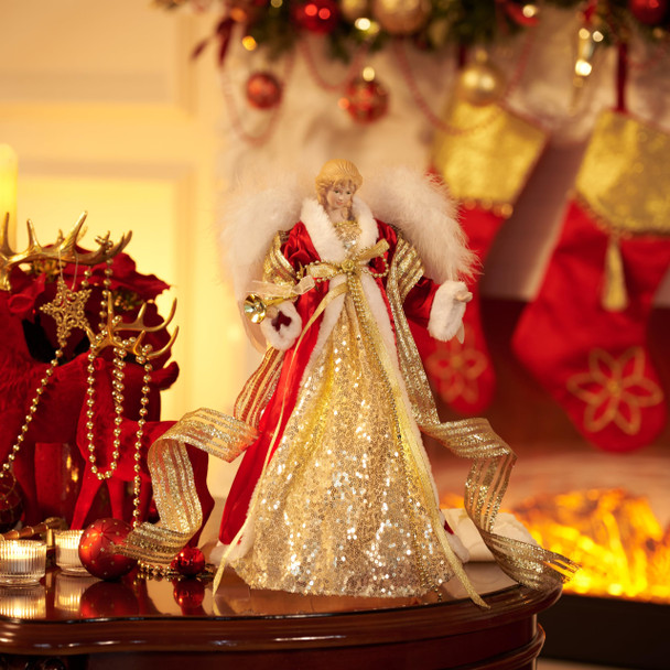 Valery Madelyn Lighted Christmas Tree Topper Angel with Timer, 12 Inch Luxury Red Gold Fabric Small Angel Tree Topper with Lights for Christmas Tree Decoration Indoor, Battery Operated