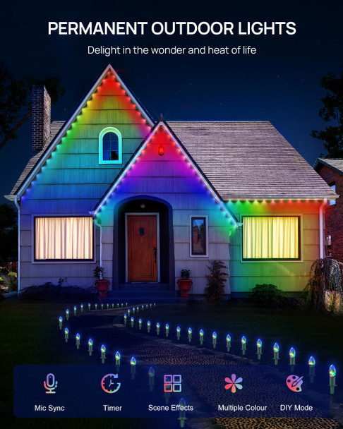 VCOKEN Permanent Outdoor Lights, 63.6ft with 36LED Outdoor Christmas Lights with App Control Remote, DIY Scene Modes Eaves IP65 Waterproof Lights for Christmas, Holiday, Outdoor Decor, Garden Decor