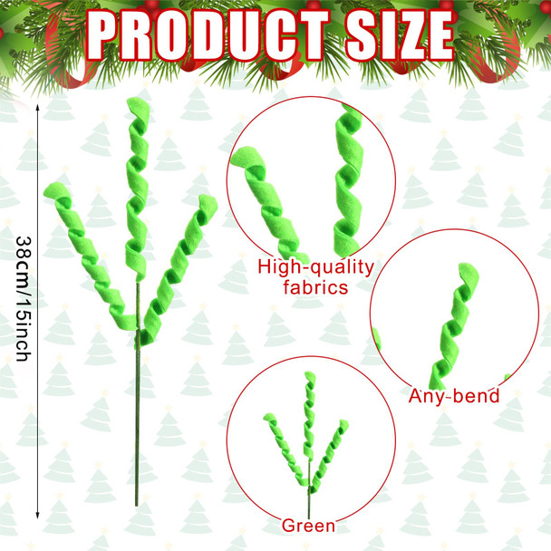16 Pcs Christmas Tree Curly Picks Ornaments 15'' Fabric Holiday Xmas Picks Decorative Sprays for Xmas Tree, Wreath, Garland Craft Home Holiday Vase Filler Xmas Party Decor(Green,Solid Color)