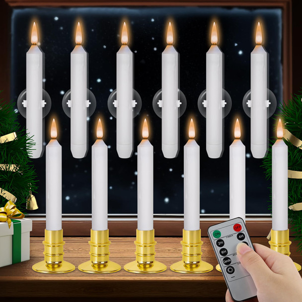 Verdenu Christmas Window Candles, 12 PCS Battery Operated Flameless Window Candles with Remote & Timer, 3D Flickering LED Window Lights Flickering Taper Candle for Christmas Wedding Party Decorations