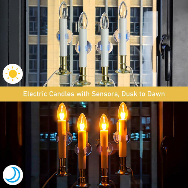 Verdenu 4 Pack Electric Christmas Window Candles, Window Candles with Sensor Dusk to Dawn Electric Corded, Brass Plated Electric Candles, Plug in Window Candle Light for Home/Christmas Decoration