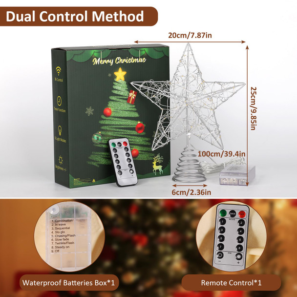 Verdenu 10'' Christmas Tree Topper Lighted in 8 Modes, Christmas Star Tree Topper with 40 LED Lights, Metal Star Tree Topper with Remote Control for Christmas Decorations, Home Decorations (Silver)