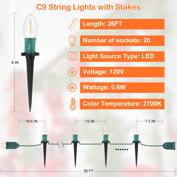 C9 Christmas String Lights for Pathway , 26FT LED 20 Clear Lights with 20 Stakes, Waterproof Shatterproof 2700K Warm White Linkable Walkway Lights for Outdoor Indoor Xmas Driveway Yard Garden Decor