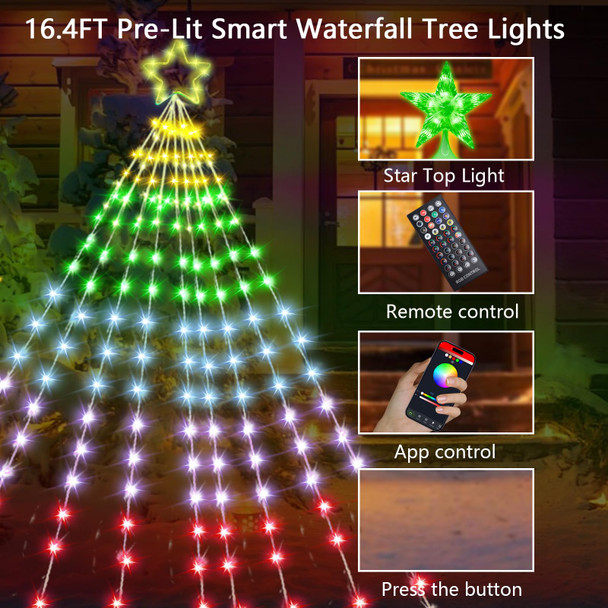 16.4FT Christmas Tree Decoration - 315 LEDs Customizable Star Waterfall Tree Lights with Remote, Timer, App Control Christmas Tree Lights with Music Sync for Xmas Yard Garden Party