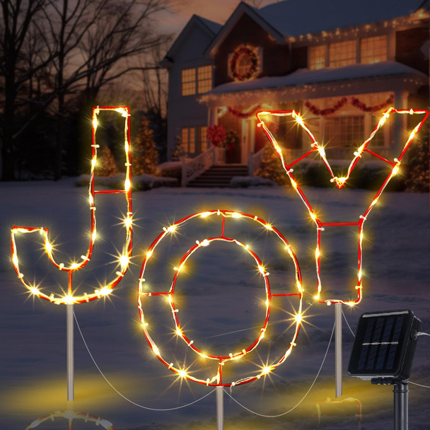 VIHOSE 3 Pcs Solar Christmas Joy Nativity Lighted Decorations Metal Joy Letters Outdoor Solar Stake Christmas Decorations Yard Joy Lighted Sign for Holiday Xmas Garden Church Eve Party Night Decor