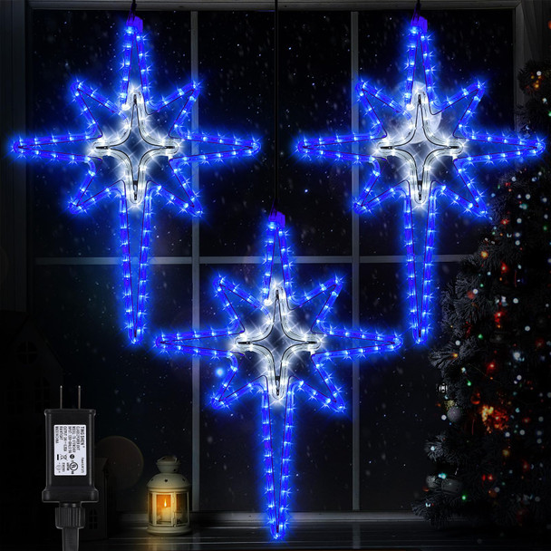 VIHOSE 3 Pack 21" Bethlehem Star Outdoor Lights with Cross, Waterproof LED Christmas Star Lights for Window Wall Roof, Star of Bethlehem Outdoor Lights for Xmas Holiday Party Decor(Blue White)