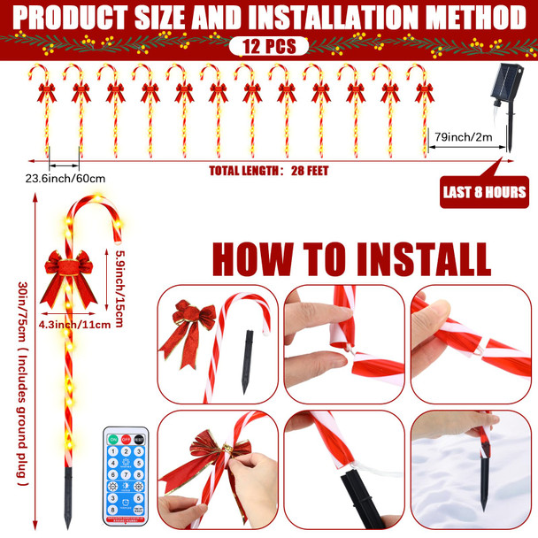 VIHOSE 12 Pcs 30" Solar Christmas Candy Cane Lights Pathway Walkway Markers Light with Red Bow Waterproof Garden String Light Decoration with 120 LED Light Xmas Patio Yard Lawn Driveway