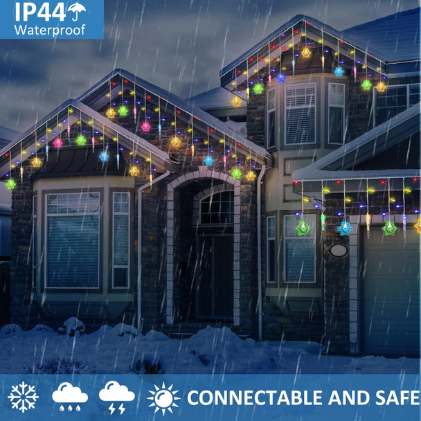 VIHOSE Christmas Snowflake and Icicle Lights Outdoor LED Curtain Light Waterproof Christmas Light Snowflake Drops with Remote Modes for Eaves Windows Garden Yard Indoor Xmas Decor (Colorful,12ft)