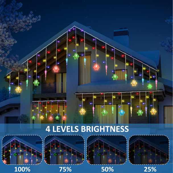 VIHOSE Christmas Snowflake and Icicle Lights Outdoor LED Curtain Light Waterproof Christmas Light Snowflake Drops with Remote Modes for Eaves Windows Garden Yard Indoor Xmas Decor (Colorful,12ft)