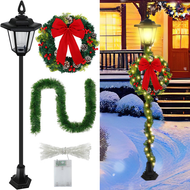 VIHOSE 63" Christmas Solar Lamp Post Vintage Christmas Street Lamp with 60 Inch Garland and Red Bow Artificial Wreath Warm White LED Lights for Holiday Winter Indoor Outdoor Patio Porch Sign Decor