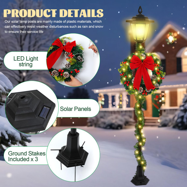 VIHOSE 63" Christmas Solar Lamp Post Vintage Christmas Street Lamp with 60 Inch Garland and Red Bow Artificial Wreath Warm White LED Lights for Holiday Winter Indoor Outdoor Patio Porch Sign Decor