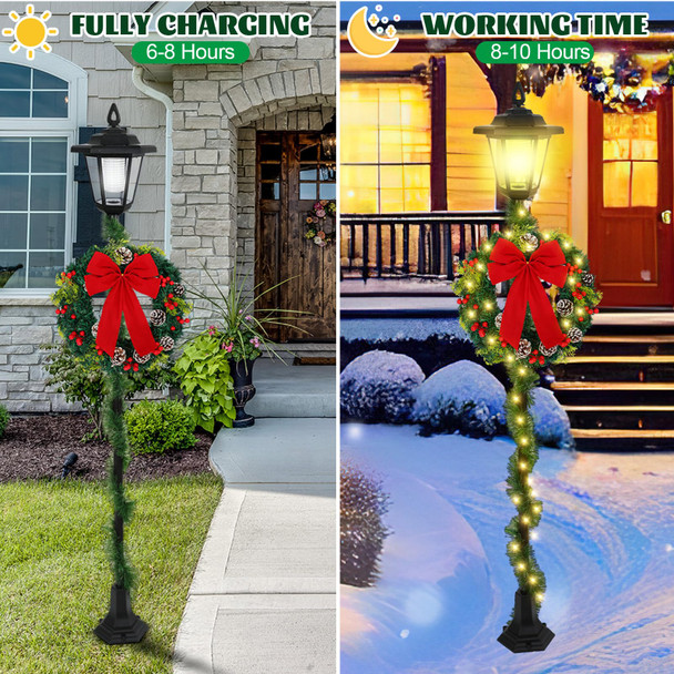 VIHOSE 63" Christmas Solar Lamp Post Vintage Christmas Street Lamp with 60 Inch Garland and Red Bow Artificial Wreath Warm White LED Lights for Holiday Winter Indoor Outdoor Patio Porch Sign Decor