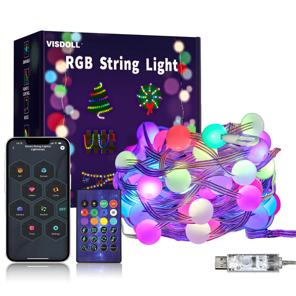 String Lights Indoor 16.4FT 33LEDs, Smart RGB Fairy Twinkle Christmas Lights with Music Sync, RF Remote, APP Control, Multicolor, USB Powered for Party Garden Bedroom Wedding Outdoor Decor