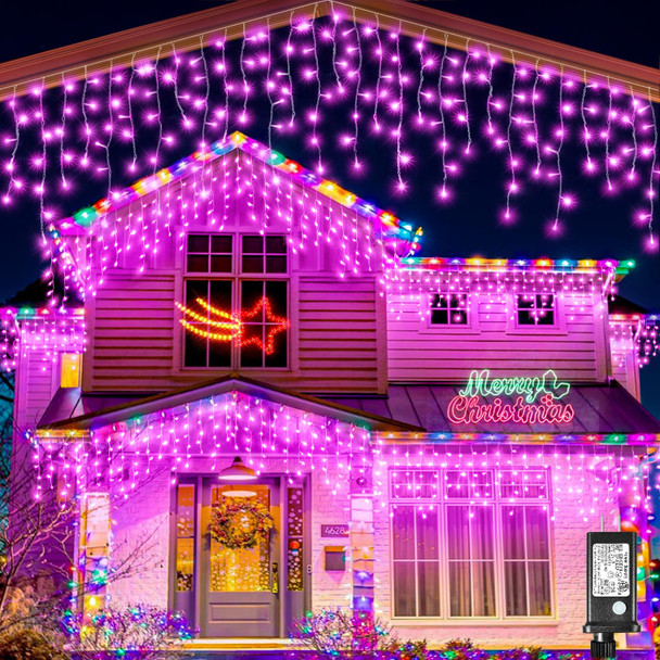 33FT Pink Christmas Lights Outdoor, 400 LED Icicle Lights for Outside, Plug in Twinkle Tree Lights Indoor with 8 Modes Timer Waterproof for House Eave Holiday Decor Wedding Yard Patio Decorations