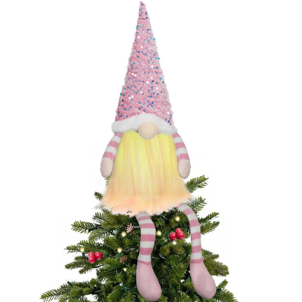 Christmas Tree Topper with Lights,Gnome Tree Topper Lighted Pink Tree Toppers Christmas Decorations Battery Operated Tree Topper with Timer 24.8 Inch