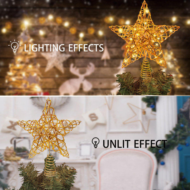 Golden Glittered Christmas Star Tree Topper - Unique Battery Operated Tree Topper with 30 Warm LED Lights, Lighted Xmas Star Tree Topper for Holiday Party Indoor Tree Decorations