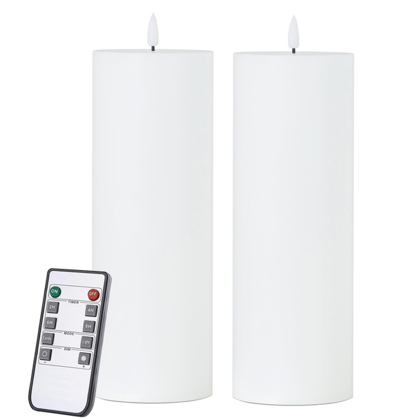 White Flameless Candles Set of 2 (3x9 inch) Flickering LED Wax Candles Battery Operated with Remote Control Timers for Fall Decor/Night Light/Fireplace/Party Dimmable Pillars Flat top