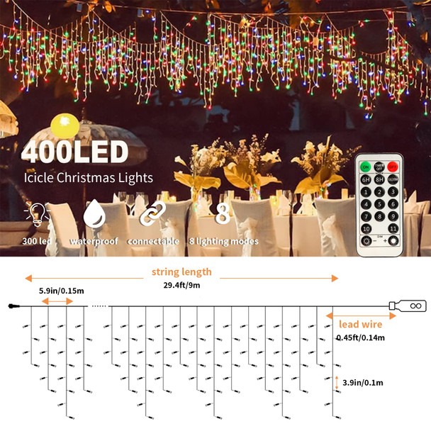Voolex Icicle Christmas Lights 2 Color Changing- 39Ft 400Led 11 Modes with Remote Time Setting Connectable Christmas Sting Lights Outdoor Indoor for House Roof Holiday (Cool White & Multicolor)