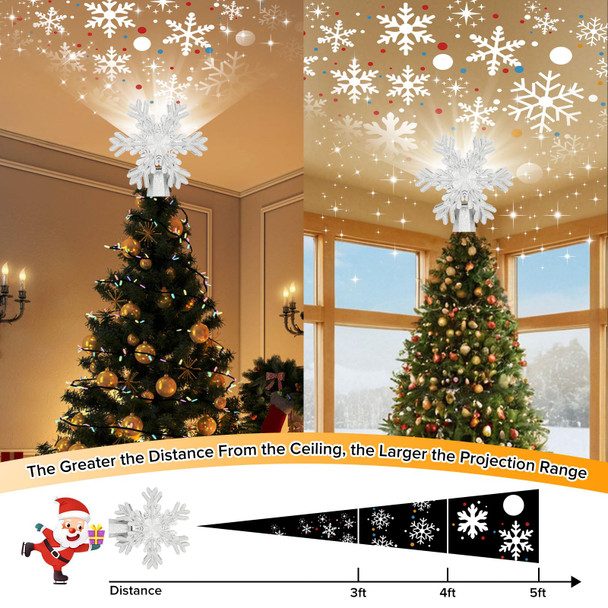 Christmas Tree Topper with 3D Rotating Silver Snowflake Projector for Christmas Tree, Hollow Design Holiday Decorations, Christmas Decor