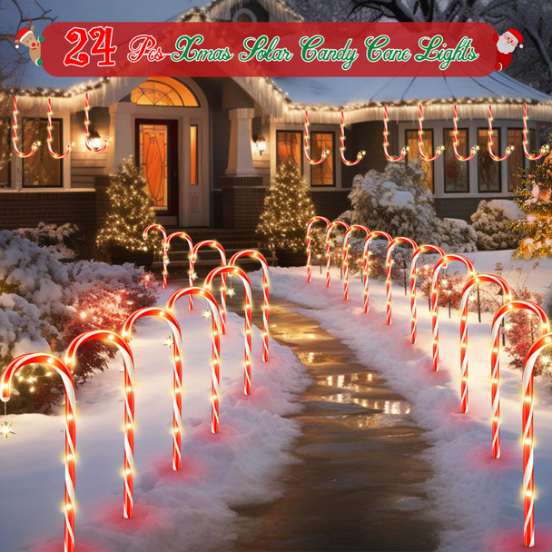 WdtPro Outdoor Christmas Decoration, 24 Pack 56FT Solar Powered 144 LED Bright Christmas Candy Cane Pathway Lights with Stakes, 10 Modes Waterproof Christmas Lights Outside Decorations for Yard Garden
