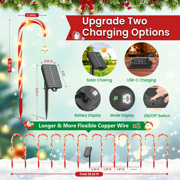 WdtPro Outdoor Christmas Decoration, 24 Pack 56FT Solar Powered 144 LED Bright Christmas Candy Cane Pathway Lights with Stakes, 10 Modes Waterproof Christmas Lights Outside Decorations for Yard Garden