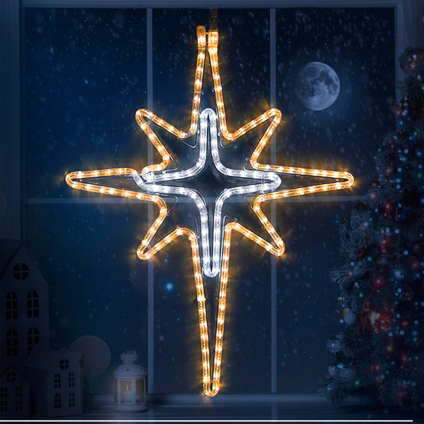 Christmas Star of Bethlehem LED Star Hanging Lights Nativity Holy Family Light for Door Window Porch Wall Decoration Plug Operated Lighted Star Hanging Tree Topper(White, Warm Light,28")