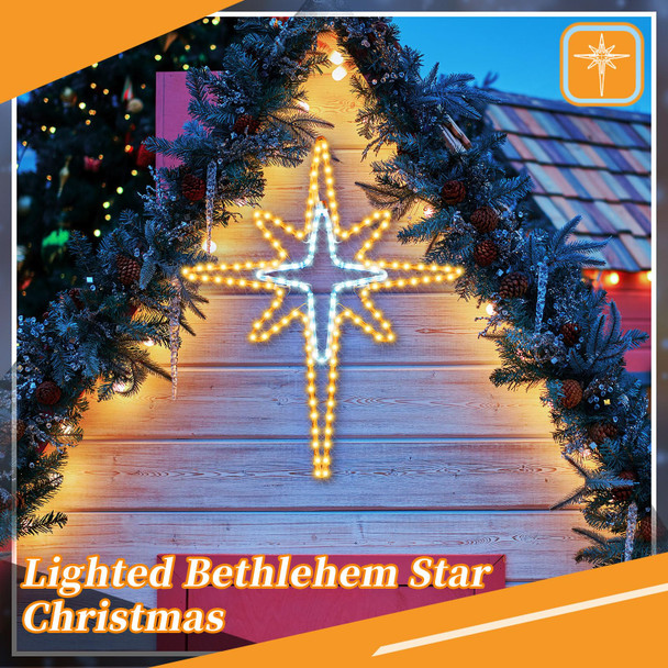 Christmas Star of Bethlehem LED Star Hanging Lights Nativity Holy Family Light for Door Window Porch Wall Decoration Plug Operated Lighted Star Hanging Tree Topper(White, Warm Light,28")