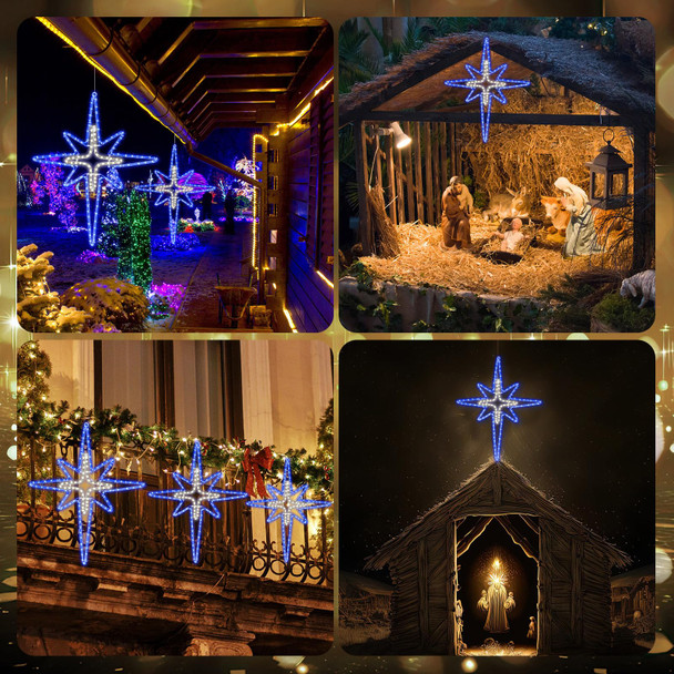 Christmas Star of Bethlehem LED Star Hanging Lights Nativity Holy Family Light for Door Window Porch Wall Decoration Plug Operated Lighted Star Hanging Tree Topper(Blue, Light Yellow,28")