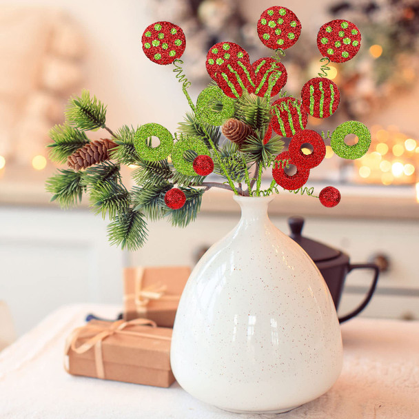 Whaline 6Pcs Christmas Tree Picks Red Green Xmas Candy Lollipop Twig Curly Foam Picks Glitter Novelty Xmas Tree Topper Ornaments for Christmas Holiday Craft Wreath Vase Filler Home Party Supplies