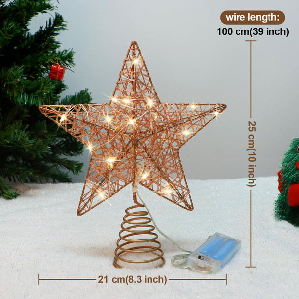 Rose Gold Christmas Tree Topper, 10 INCH Rose Gold Wire Glitter Tree Top, 20 LED Lights Glittered Metal Christmas Decorations, Xmas Ornaments Topper Holder for Christmas Tree Home Decoration