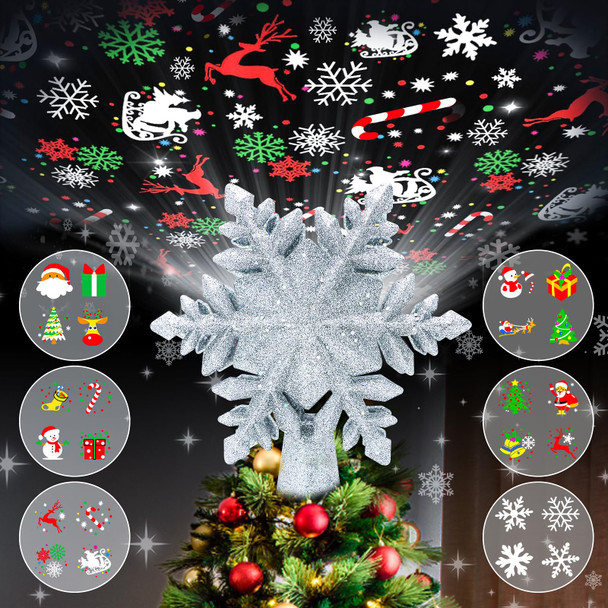 Christmas Tree Topper Projector Light with 6 Patterns, Snowflake Christmas Tree Topper with Built-in LED Projector Lights, Dynamic Projection for Christmas Tree Decorations, Holiday Decoration