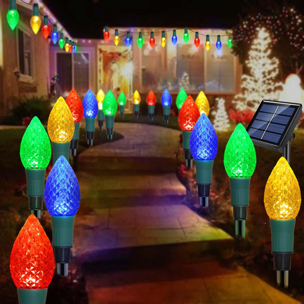 est Version 2 in 1 Outdoor Christmas Decorations and Solar Christmas Lights, 20-Pack Waterproof Solar C9 Strawberry Christmas Garden Stake Lights for Christmas Tree Garden Patio Yard Pathway