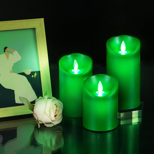 Green Flame Candles (Green LED Light Source), Remote Control/Moving Wick Design, Real Wax Flameless Christmas Green Candle, Battery Operated, Timer and Dimmable