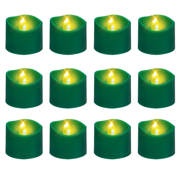 Green Base Warm White Flickering Flame Tea Lights, 6H Timer/Curved Edge Design, Battery Operated LED Flameless Tealight Candles for Party, Christmas and Holiday, Pack of 12