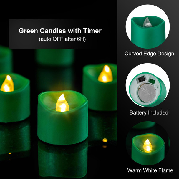 Green Base Warm White Flickering Flame Tea Lights, 6H Timer/Curved Edge Design, Battery Operated LED Flameless Tealight Candles for Party, Christmas and Holiday, Pack of 12