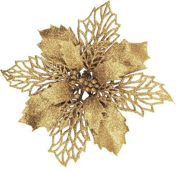 24 Pcs Christmas Gold Glittered Mesh Holly Leaf Artificial Poinsettia Flowers Picks Tree Ornaments 5.9" W for Gold Christmas Tree Wreath Garland Floral Winter Wedding Holiday Decoration