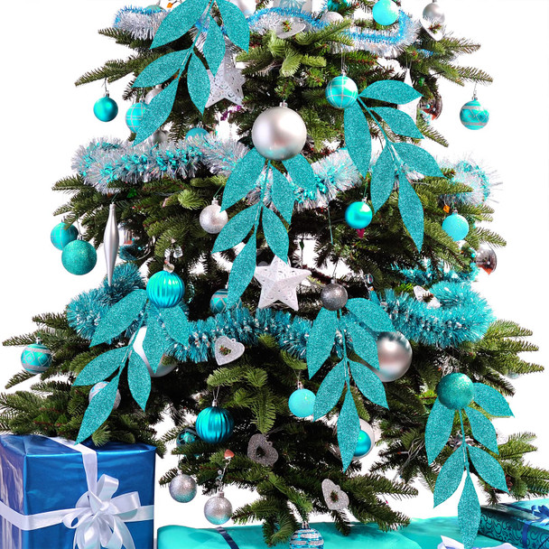 Winlyn 40 Pcs Teal Glitter Bay Leaf Sprays Artificial Christmas Tree Picks Sprays 12.7" Tall for Teal Christmas Tree Winter Wreath Swag Floral Arrangement Vase Wedding Bouquet Centerpiece Decoration