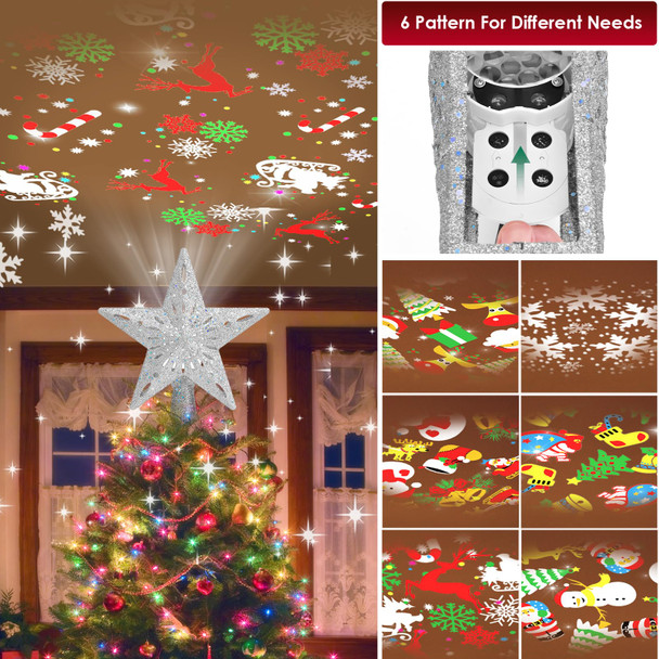 Christmas Tree Topper Lighted with 6 Pattern Projection Modes, Christmas Star Tree Topper Built-in LED Rotating Lights, 3D Glitter Projector for Christmas Decorations (Silver)