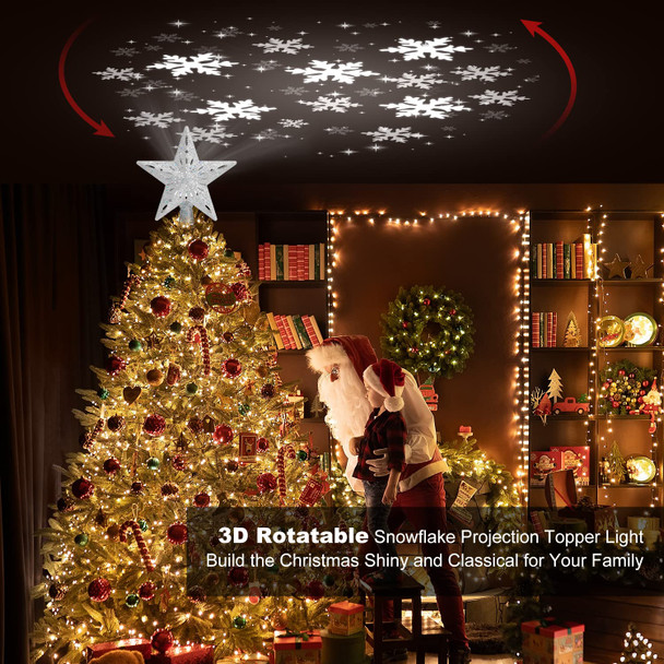 Christmas Tree Topper Lighted with 6 Pattern Projection Modes, Christmas Star Tree Topper Built-in LED Rotating Lights, 3D Glitter Projector for Christmas Decorations (Silver)