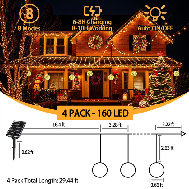 Solar Christmas Ball Lights for Tree Outdoor, 4 Pack 160 LED Globe Lights Waterproof, 8 Modes Solar Sphere String Lights Outside for Window Garden Yard Porch Wedding Party Decorations, Warm White