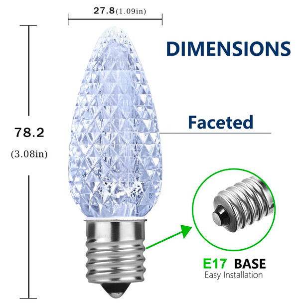25 Pack C9 LED Bulb Christmas Replacement Lights，Dimmable Christmas Lights Bulbs, Faceted SMD LED Light Christmas Bulbs Replacement, Shatterproof LED Light Bulbs, E17 Base, Cool White